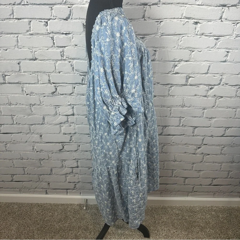 Old Navy Puff-Sleeve Tiered Swing Dress 4x Chambray Embroidered Cottagecore - Picture 4 of 10